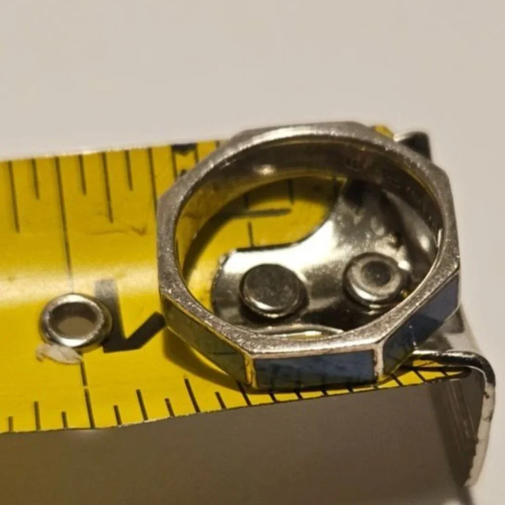 Sterling Silver Ring Toe Pinky‎ W/ Blue Enamel Inlay Octagon